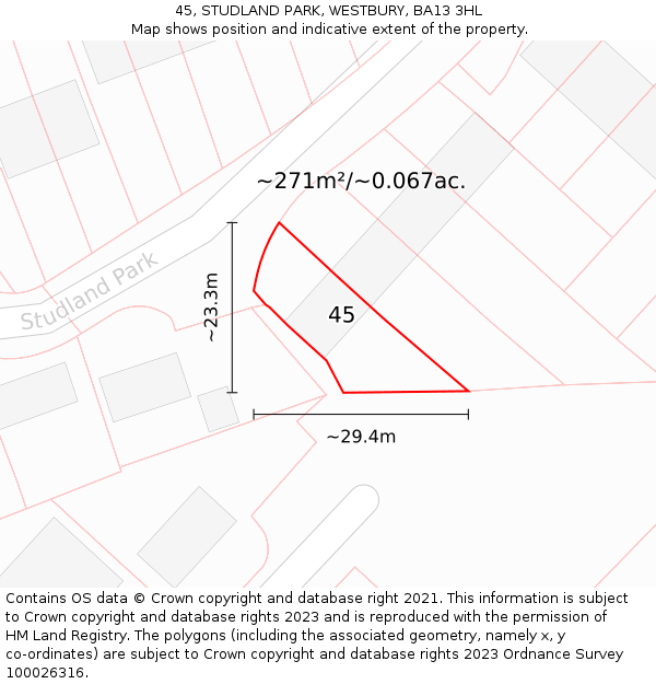 45, STUDLAND PARK, WESTBURY, BA13 3HL: Plot and title map