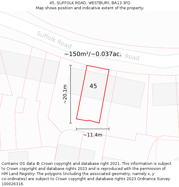 45, SUFFOLK ROAD, WESTBURY, BA13 3FD: Plot and title map