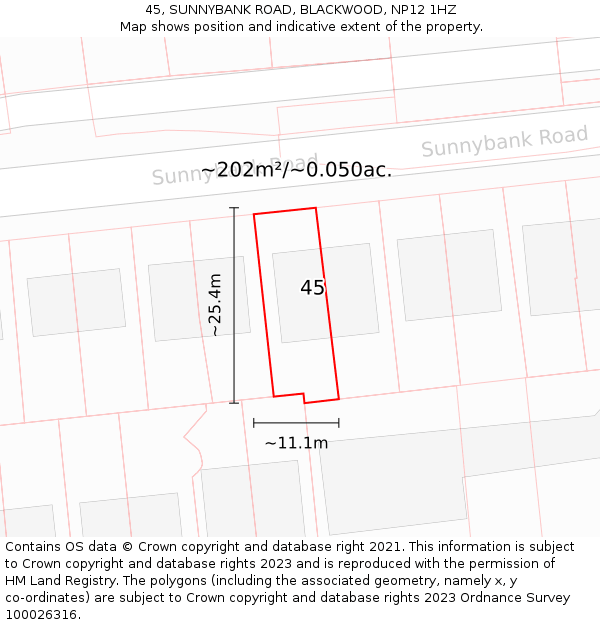 45, SUNNYBANK ROAD, BLACKWOOD, NP12 1HZ: Plot and title map