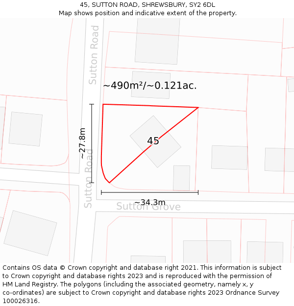 45, SUTTON ROAD, SHREWSBURY, SY2 6DL: Plot and title map