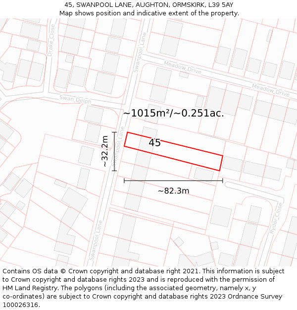 45, SWANPOOL LANE, AUGHTON, ORMSKIRK, L39 5AY: Plot and title map