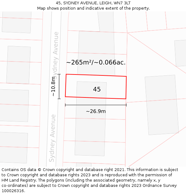 45, SYDNEY AVENUE, LEIGH, WN7 3LT: Plot and title map