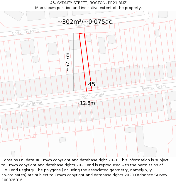 45, SYDNEY STREET, BOSTON, PE21 8NZ: Plot and title map