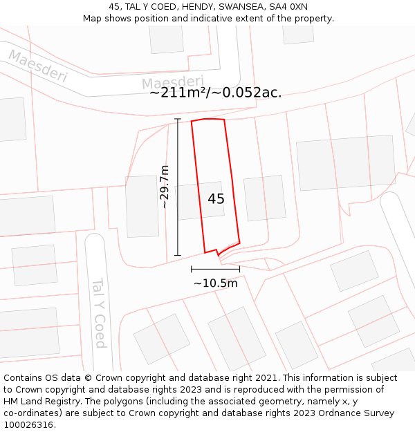 45, TAL Y COED, HENDY, SWANSEA, SA4 0XN: Plot and title map