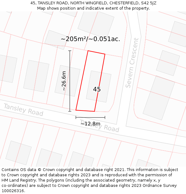 45, TANSLEY ROAD, NORTH WINGFIELD, CHESTERFIELD, S42 5JZ: Plot and title map