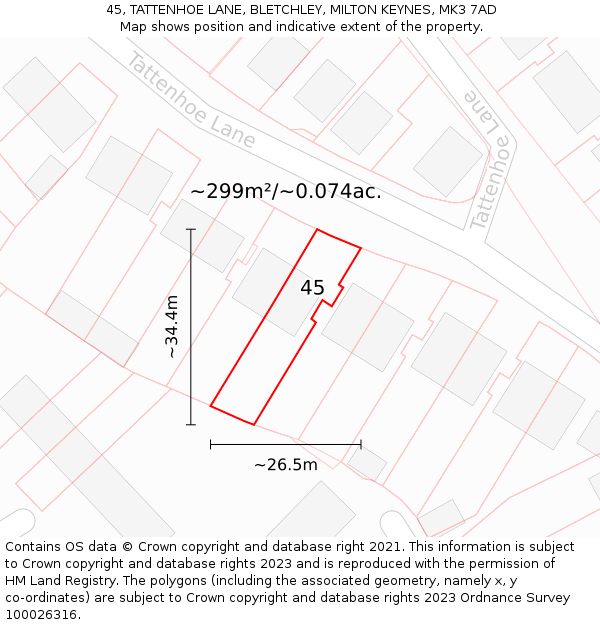 45, TATTENHOE LANE, BLETCHLEY, MILTON KEYNES, MK3 7AD: Plot and title map