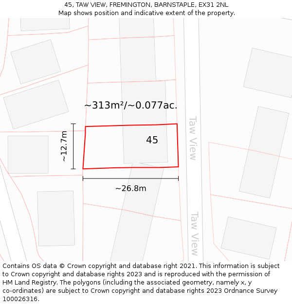 45, TAW VIEW, FREMINGTON, BARNSTAPLE, EX31 2NL: Plot and title map