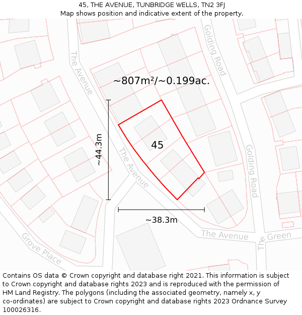 45, THE AVENUE, TUNBRIDGE WELLS, TN2 3FJ: Plot and title map