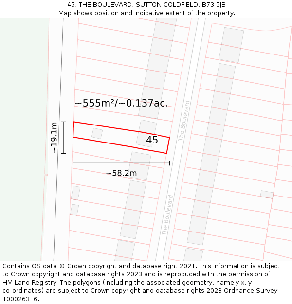 45, THE BOULEVARD, SUTTON COLDFIELD, B73 5JB: Plot and title map