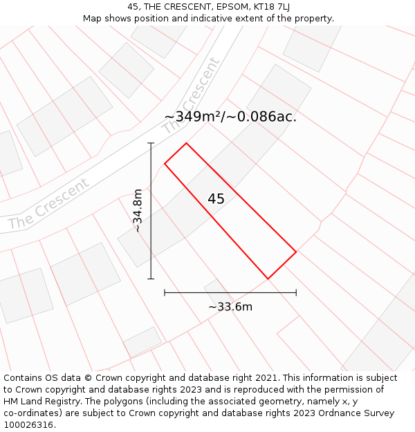 45, THE CRESCENT, EPSOM, KT18 7LJ: Plot and title map