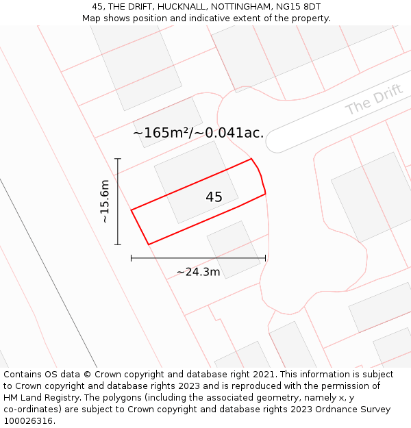 45, THE DRIFT, HUCKNALL, NOTTINGHAM, NG15 8DT: Plot and title map