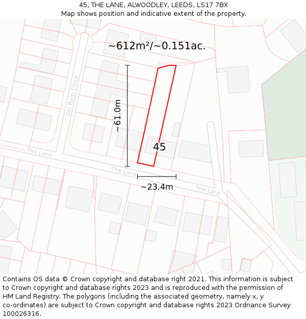 45, THE LANE, ALWOODLEY, LEEDS, LS17 7BX: Plot and title map