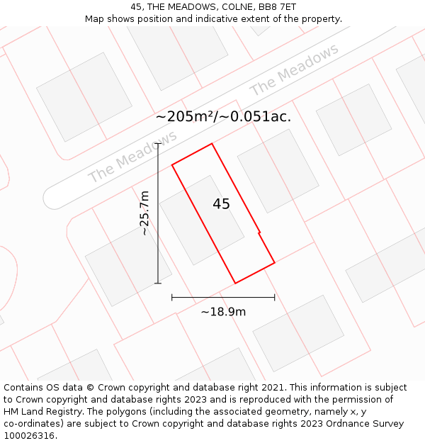 45, THE MEADOWS, COLNE, BB8 7ET: Plot and title map