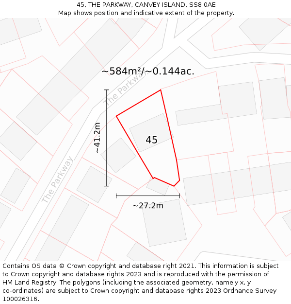 45, THE PARKWAY, CANVEY ISLAND, SS8 0AE: Plot and title map