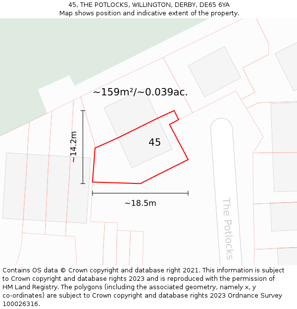 45, THE POTLOCKS, WILLINGTON, DERBY, DE65 6YA: Plot and title map