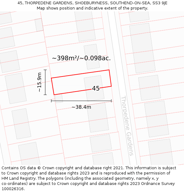 45, THORPEDENE GARDENS, SHOEBURYNESS, SOUTHEND-ON-SEA, SS3 9JE: Plot and title map