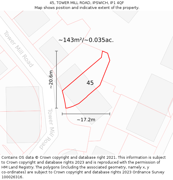 45, TOWER MILL ROAD, IPSWICH, IP1 4QF: Plot and title map