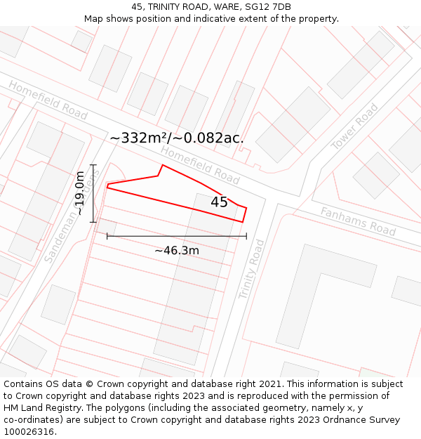 45, TRINITY ROAD, WARE, SG12 7DB: Plot and title map