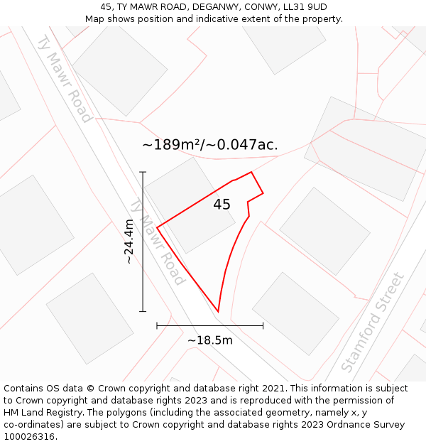 45, TY MAWR ROAD, DEGANWY, CONWY, LL31 9UD: Plot and title map