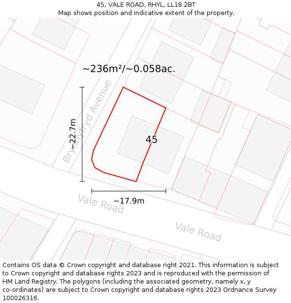 45, VALE ROAD, RHYL, LL18 2BT: Plot and title map