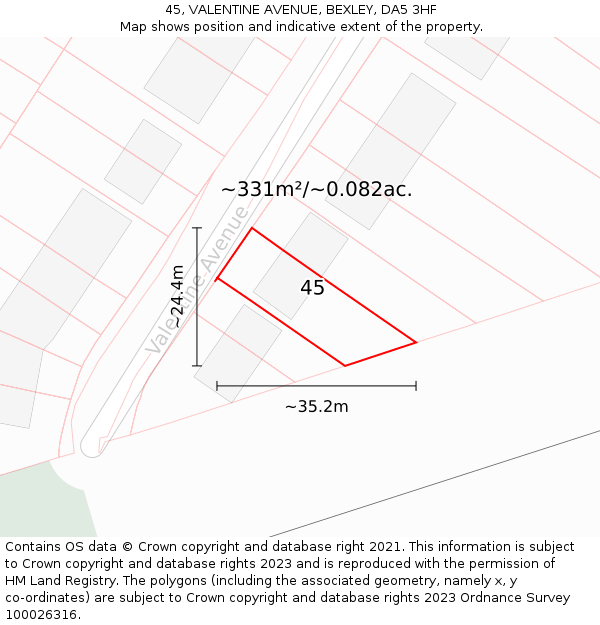 45, VALENTINE AVENUE, BEXLEY, DA5 3HF: Plot and title map