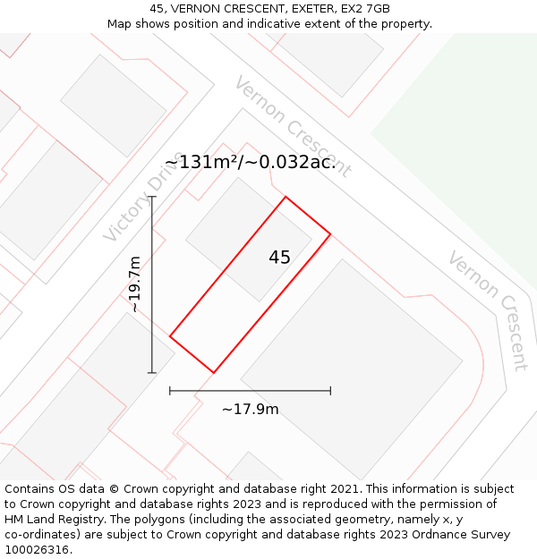 45, VERNON CRESCENT, EXETER, EX2 7GB: Plot and title map