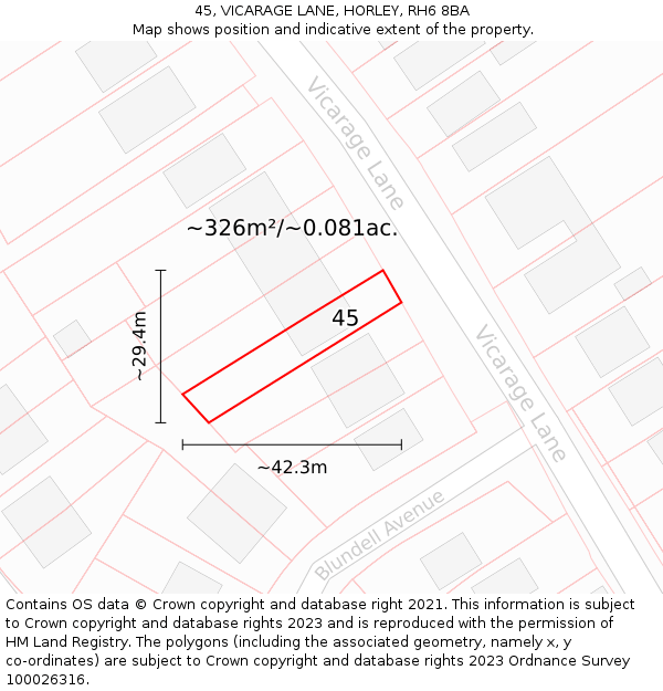 45, VICARAGE LANE, HORLEY, RH6 8BA: Plot and title map