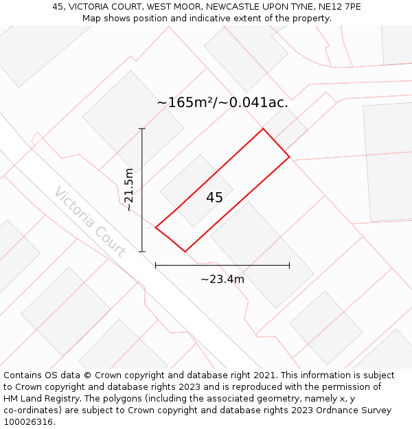 45, VICTORIA COURT, WEST MOOR, NEWCASTLE UPON TYNE, NE12 7PE: Plot and title map