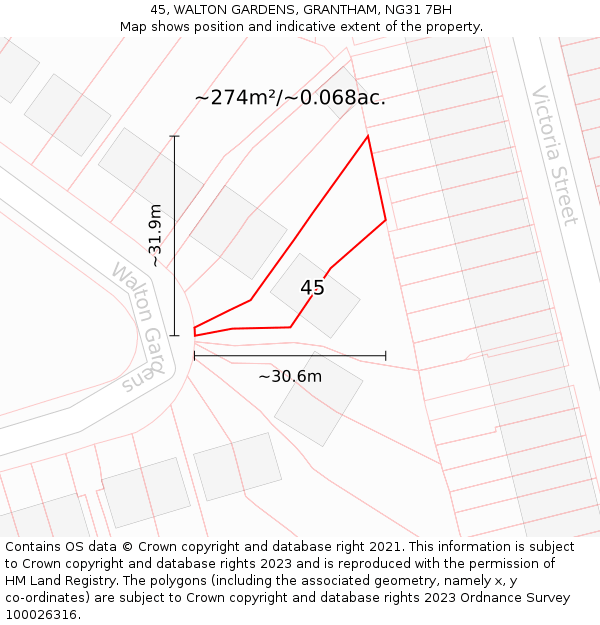 45, WALTON GARDENS, GRANTHAM, NG31 7BH: Plot and title map