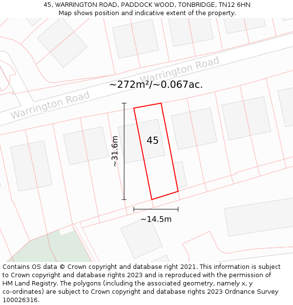 45, WARRINGTON ROAD, PADDOCK WOOD, TONBRIDGE, TN12 6HN: Plot and title map