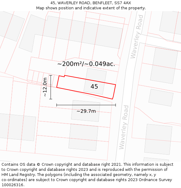 45, WAVERLEY ROAD, BENFLEET, SS7 4AX: Plot and title map