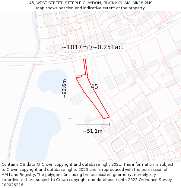 45, WEST STREET, STEEPLE CLAYDON, BUCKINGHAM, MK18 2NS: Plot and title map