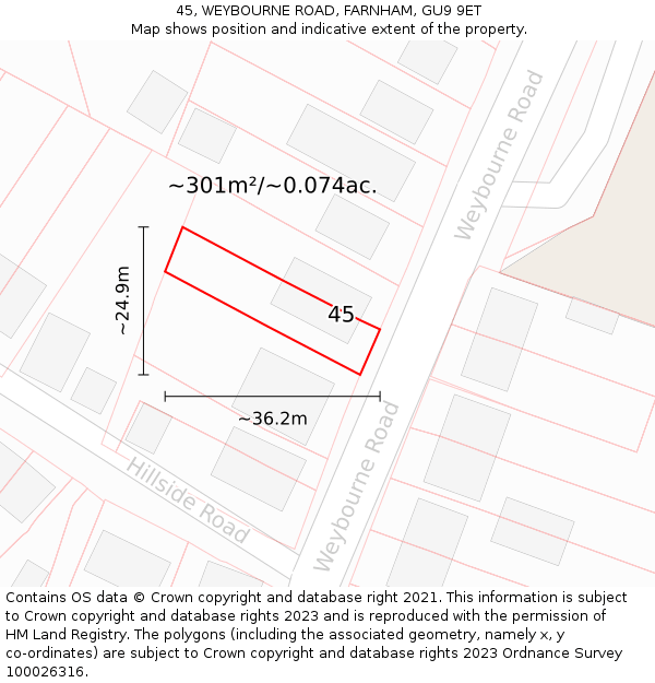 45, WEYBOURNE ROAD, FARNHAM, GU9 9ET: Plot and title map