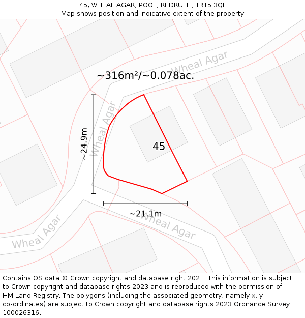 45, WHEAL AGAR, POOL, REDRUTH, TR15 3QL: Plot and title map