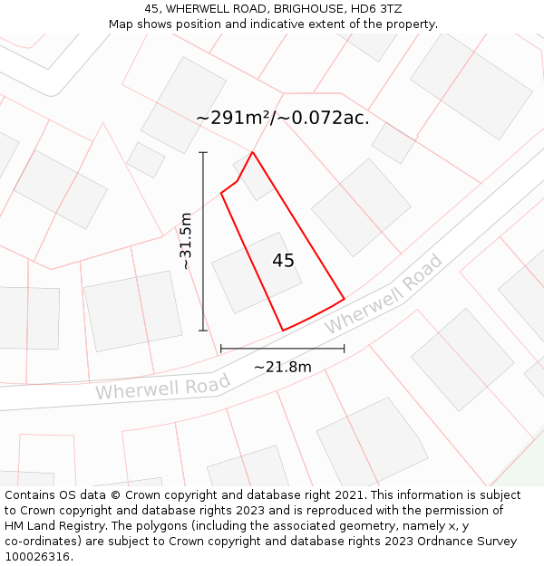 45, WHERWELL ROAD, BRIGHOUSE, HD6 3TZ: Plot and title map