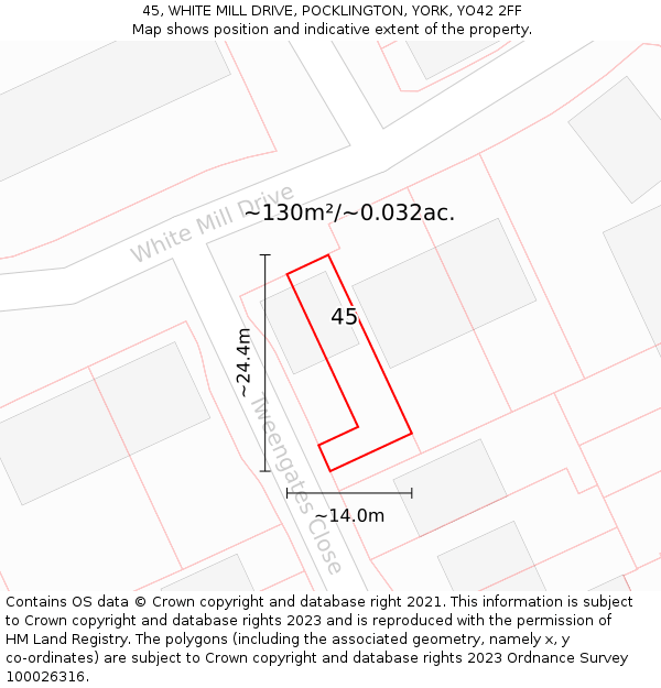 45, WHITE MILL DRIVE, POCKLINGTON, YORK, YO42 2FF: Plot and title map