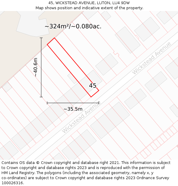 45, WICKSTEAD AVENUE, LUTON, LU4 9DW: Plot and title map
