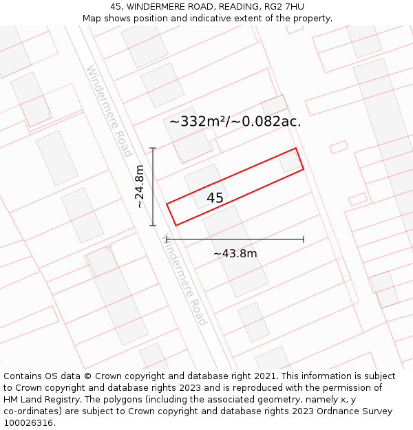 45, WINDERMERE ROAD, READING, RG2 7HU: Plot and title map