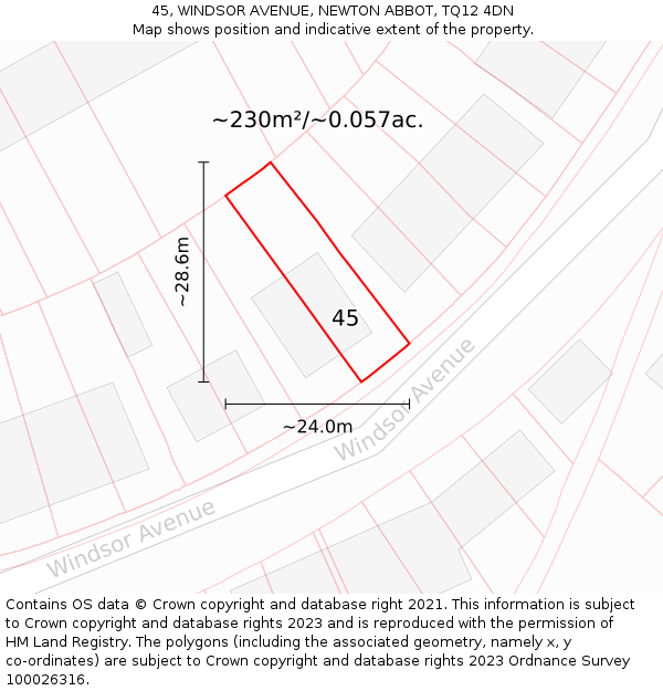 45, WINDSOR AVENUE, NEWTON ABBOT, TQ12 4DN: Plot and title map