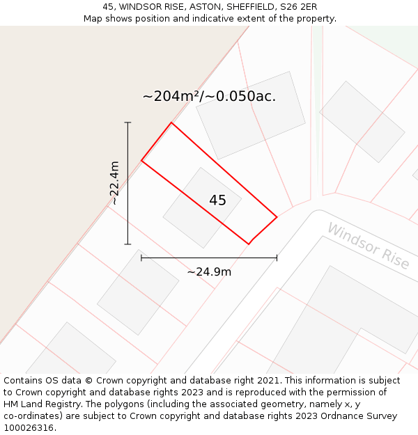 45, WINDSOR RISE, ASTON, SHEFFIELD, S26 2ER: Plot and title map