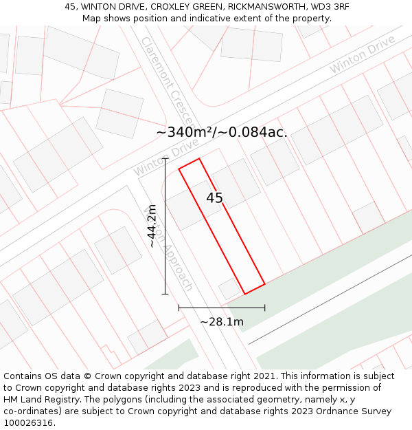 45, WINTON DRIVE, CROXLEY GREEN, RICKMANSWORTH, WD3 3RF: Plot and title map