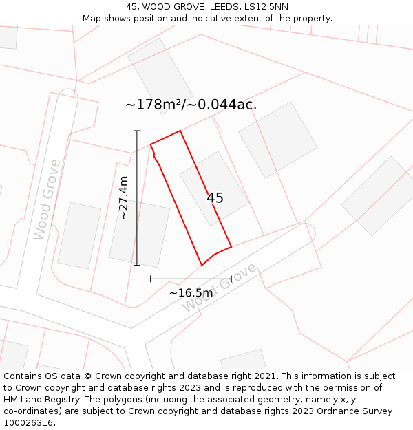 45, WOOD GROVE, LEEDS, LS12 5NN: Plot and title map