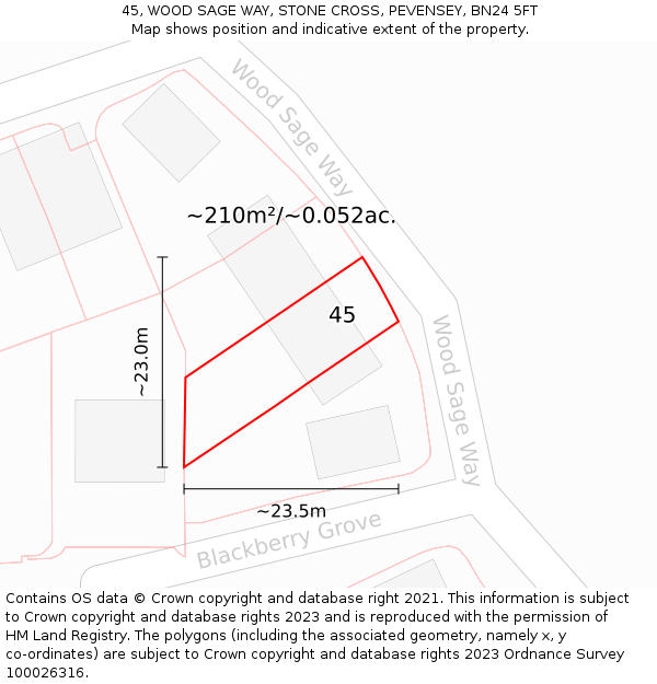 45, WOOD SAGE WAY, STONE CROSS, PEVENSEY, BN24 5FT: Plot and title map