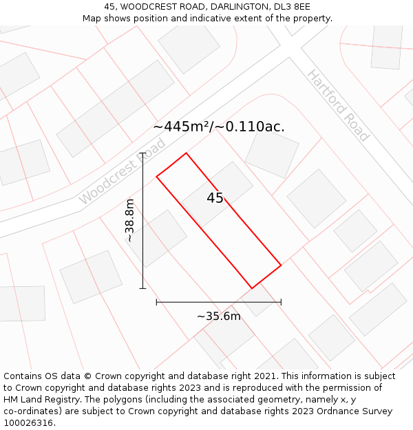 45, WOODCREST ROAD, DARLINGTON, DL3 8EE: Plot and title map