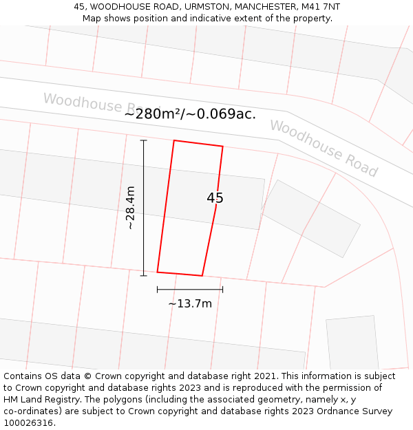 45, WOODHOUSE ROAD, URMSTON, MANCHESTER, M41 7NT: Plot and title map