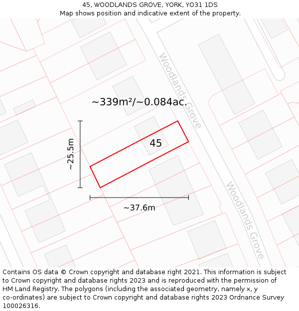 45, WOODLANDS GROVE, YORK, YO31 1DS: Plot and title map