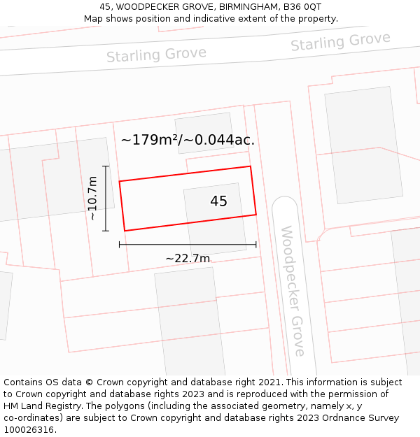 45, WOODPECKER GROVE, BIRMINGHAM, B36 0QT: Plot and title map