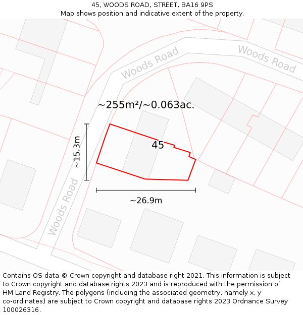 45, WOODS ROAD, STREET, BA16 9PS: Plot and title map