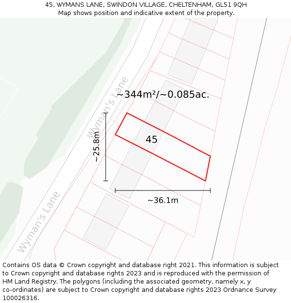 45, WYMANS LANE, SWINDON VILLAGE, CHELTENHAM, GL51 9QH: Plot and title map