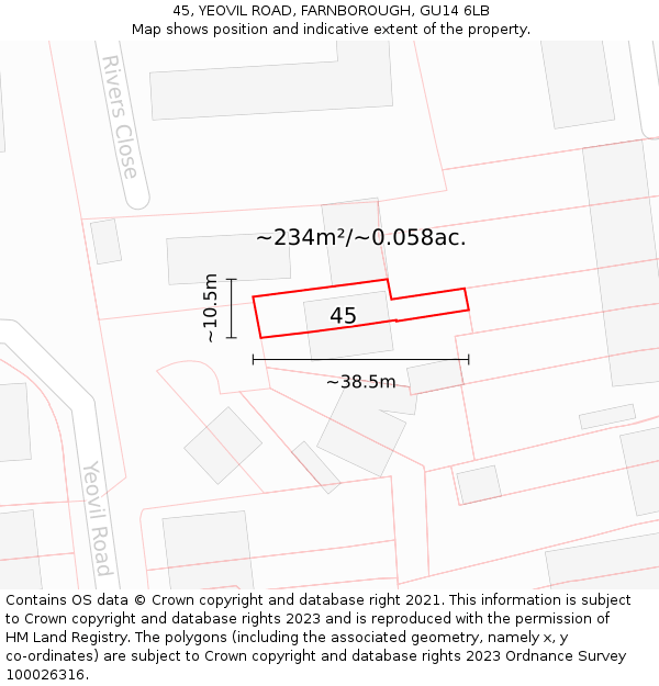 45, YEOVIL ROAD, FARNBOROUGH, GU14 6LB: Plot and title map